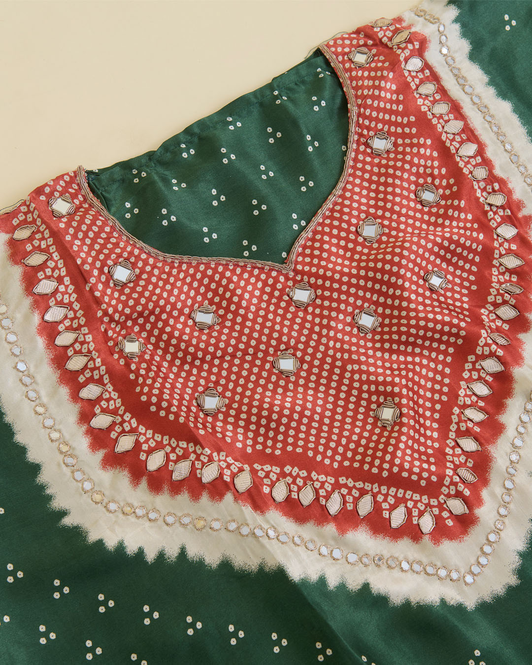 Green Gajji Silk Bandhej Suit with Mirror, Gota & Zardozi Work