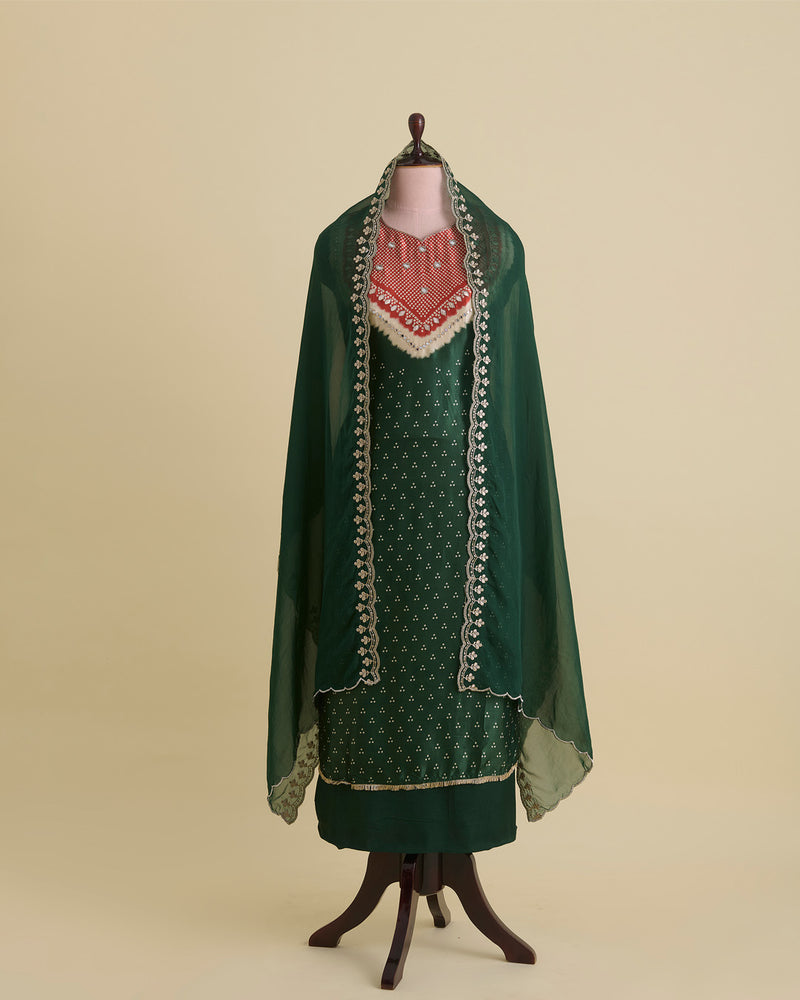 Green Gajji Silk Bandhej Suit with Mirror, Gota & Zardozi Work