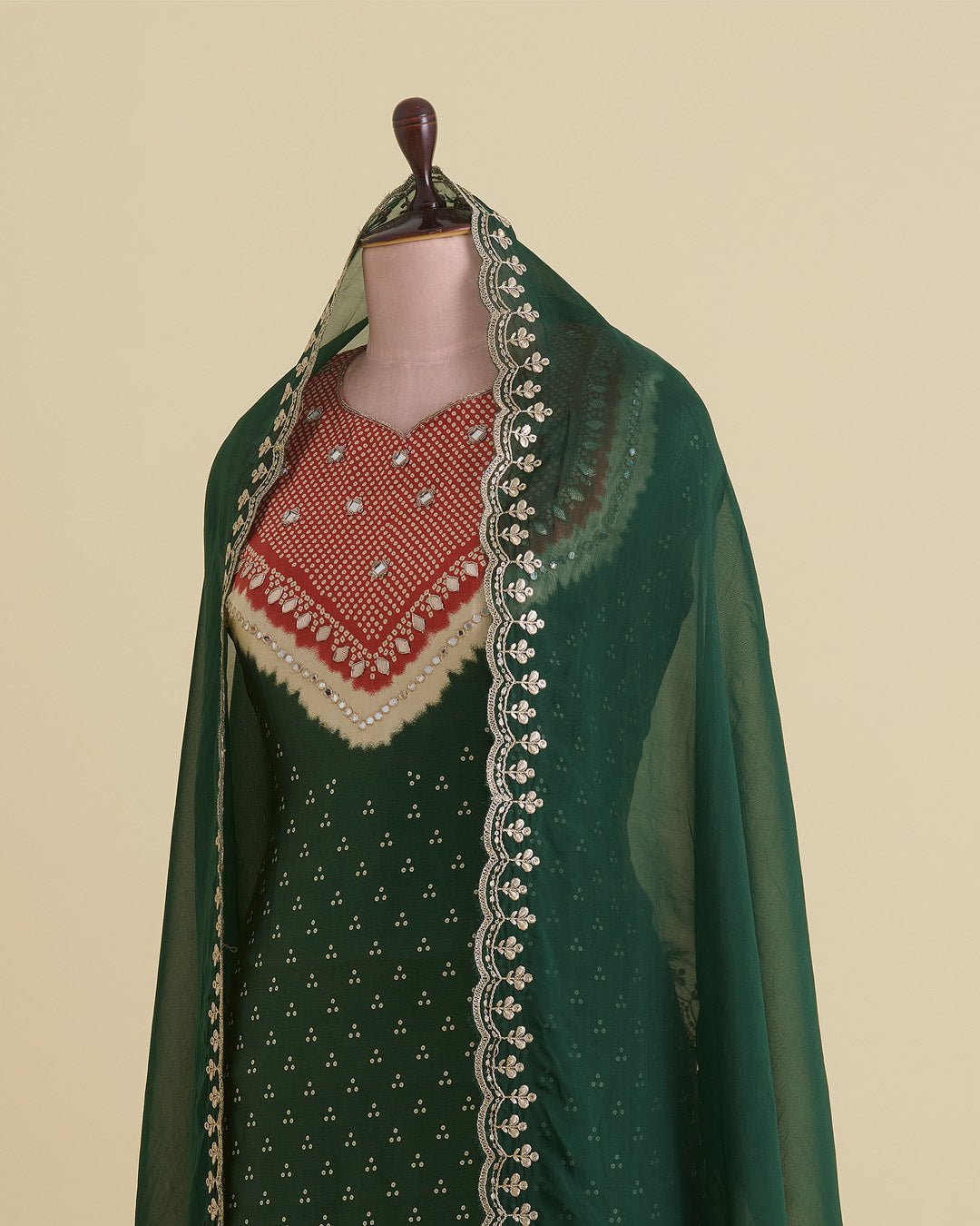 Green Gajji Silk Bandhej Suit with Mirror, Gota & Zardozi Work