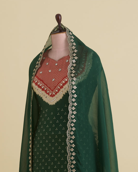 Green Gajji Silk Bandhej Suit with Mirror, Gota & Zardozi Work