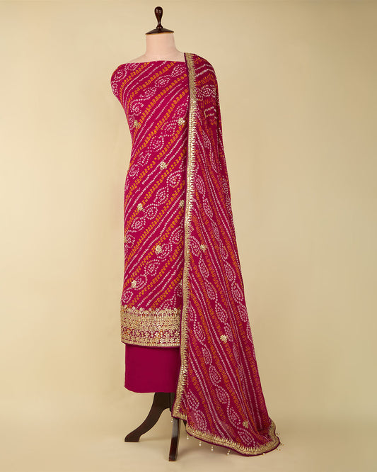 Magenta Pink Georgette Bandhej Suit with Dori, Gota & Pearl Work