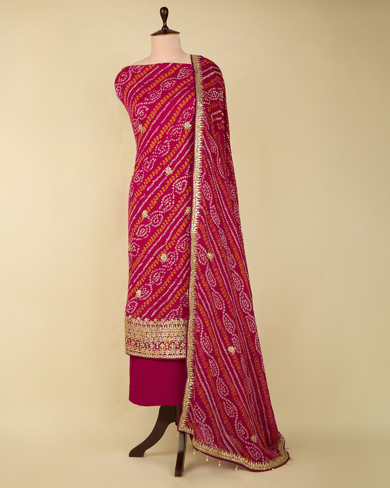 Magenta Pink Georgette Bandhej Suit with Dori, Gota & Pearl Work