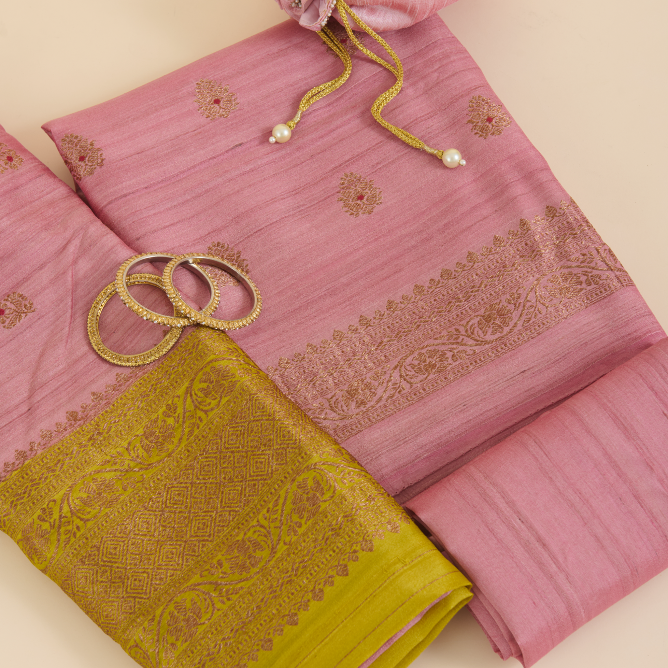 Peach Gicha Tussar Hand Woven Kurta Set with Dupatta
