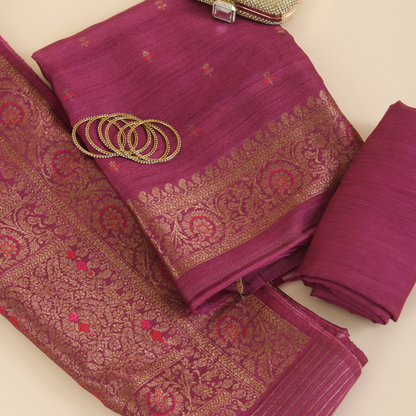 Wine Gicha Tussar Hand Woven Kurta Set with Dupatta