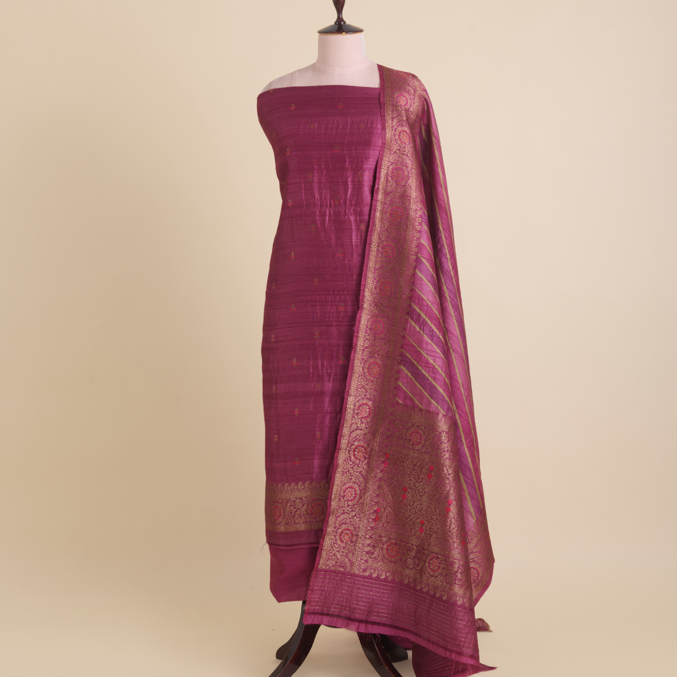 Wine Gicha Tussar Hand Woven Kurta Set with Dupatta