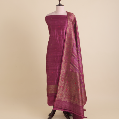 Wine Gicha Tussar Hand Woven Kurta Set with Dupatta