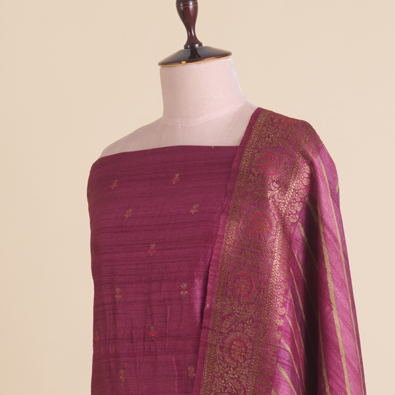 Wine Gicha Tussar Hand Woven Kurta Set with Dupatta