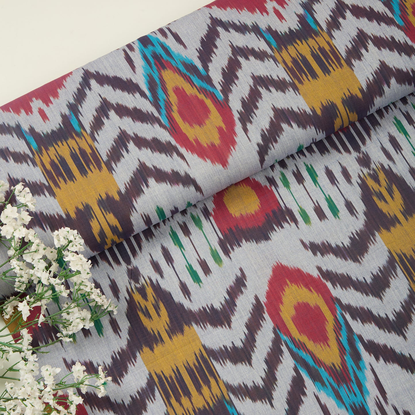 Grey Handloom Cotton Heavy Ikat Fabric