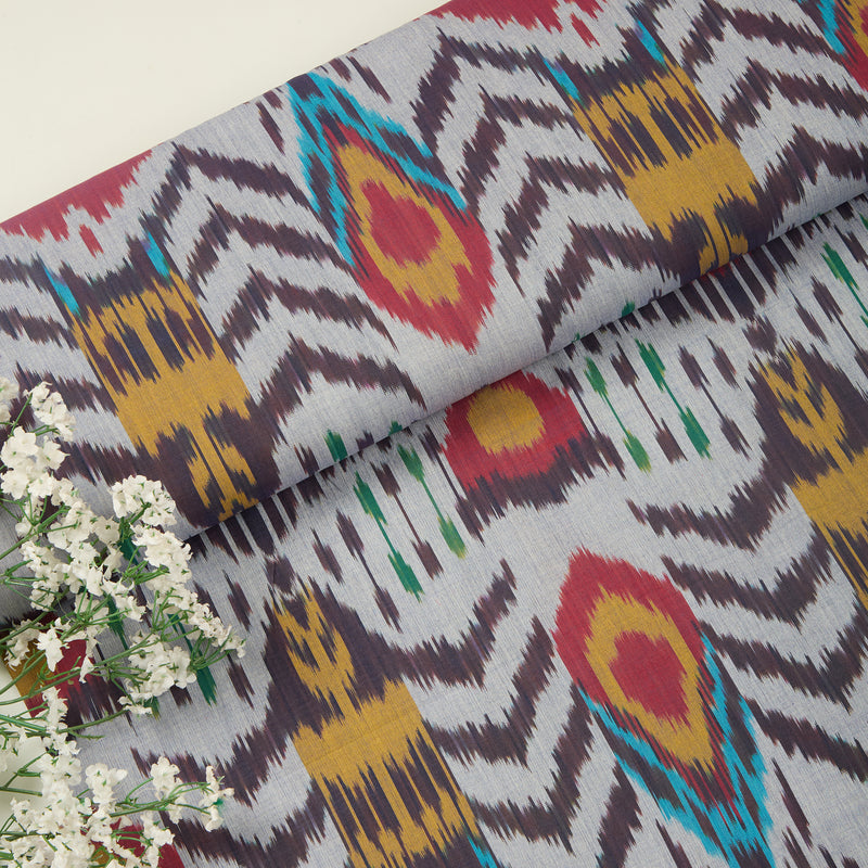 Grey Handloom Cotton Heavy Ikat Fabric