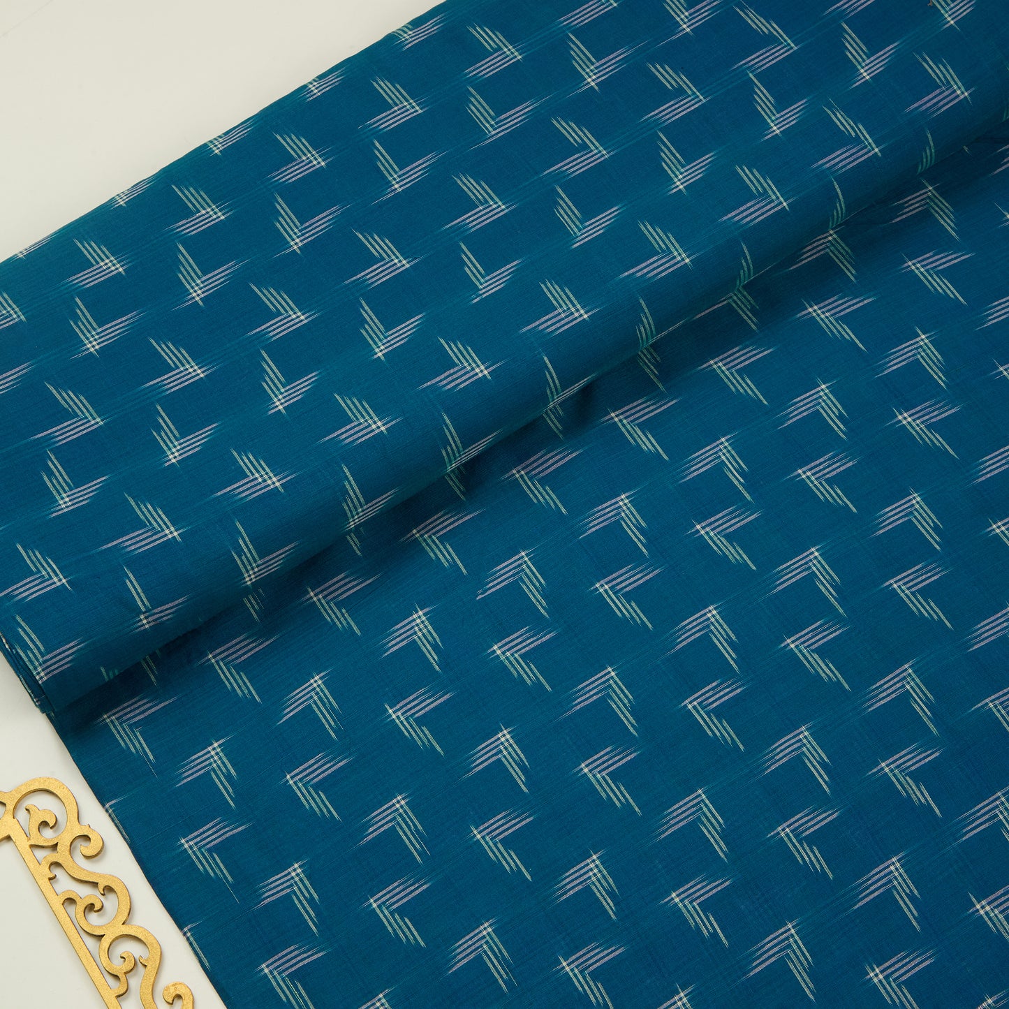 Teal Blue Handloom Cotton Ikat Fabric