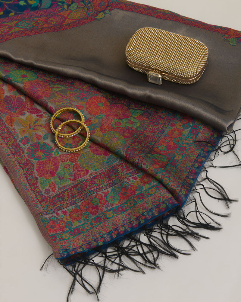 Blue Grey Handloom Spun Tissue Gold Resham Multi Jaal Dupatta