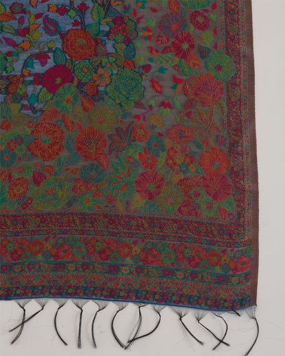 Blue Grey Handloom Spun Tissue Gold Resham Multi Jaal Dupatta
