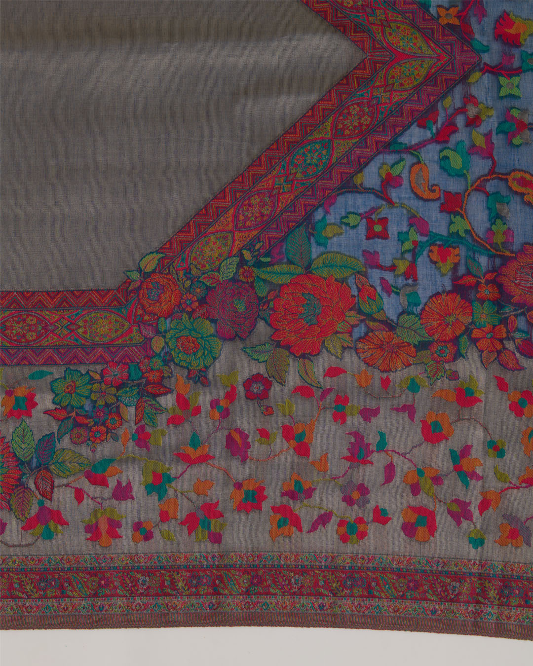 Blue Grey Handloom Spun Tissue Gold Resham Multi Jaal Dupatta