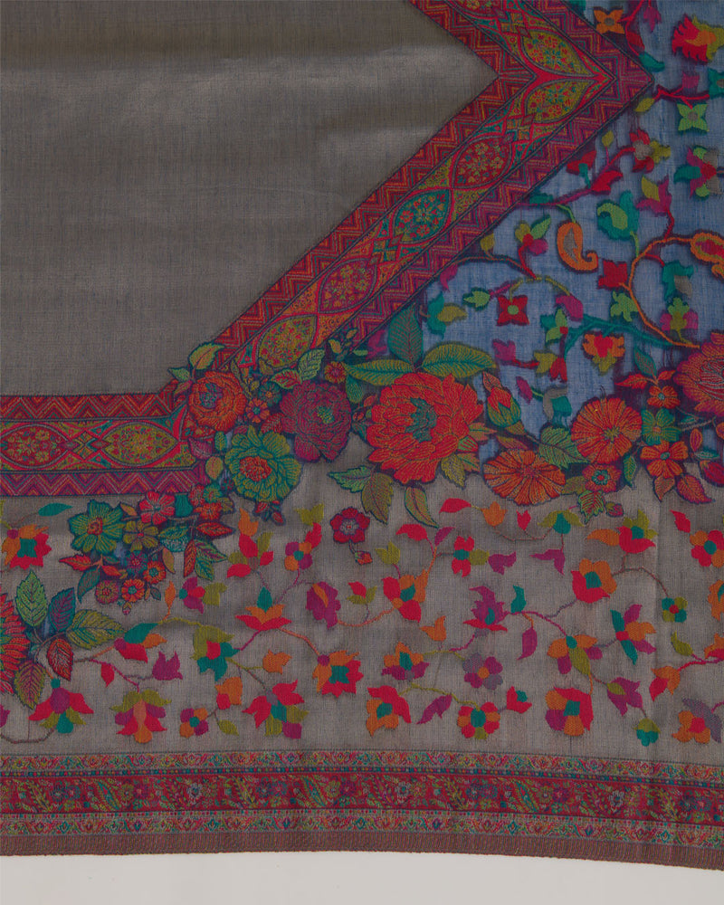 Blue Grey Handloom Spun Tissue Gold Resham Multi Jaal Dupatta