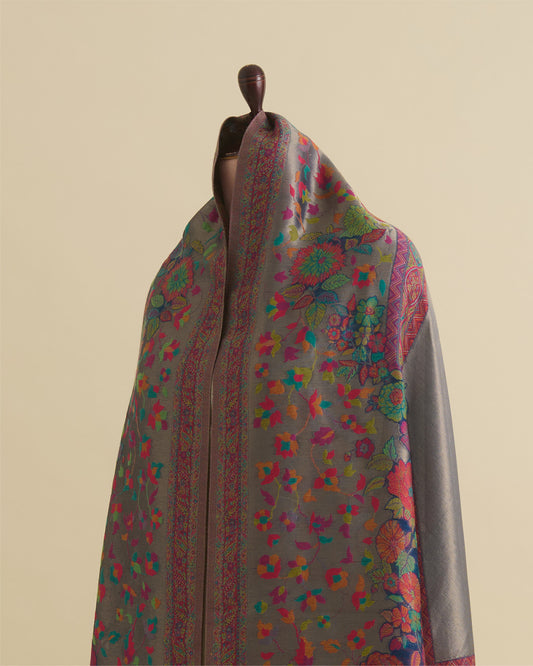 Blue Grey Handloom Spun Tissue Gold Resham Multi Jaal Dupatta