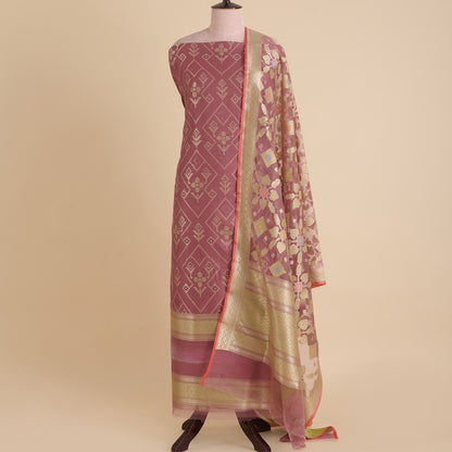 Marsala Jute Net Silk Cut-Work Woven Suit with Dupatta