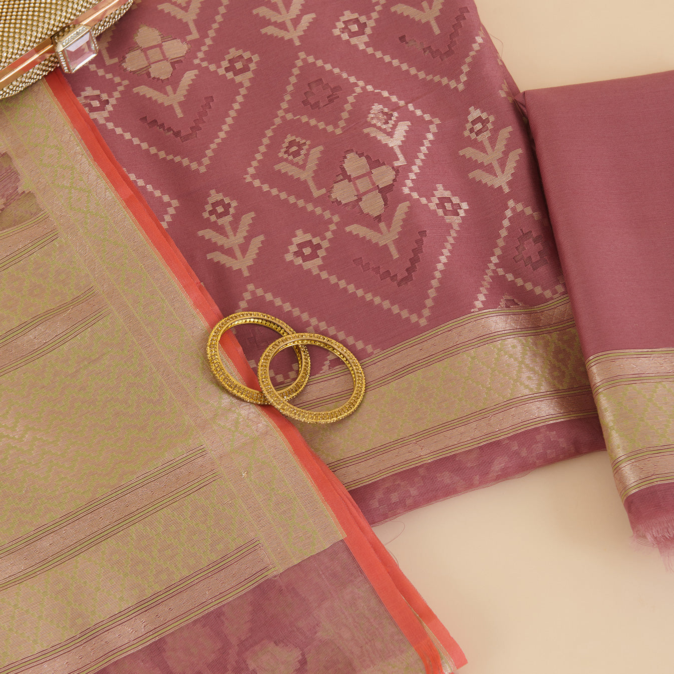 Marsala Jute Net Silk Cut-Work Woven Suit with Dupatta