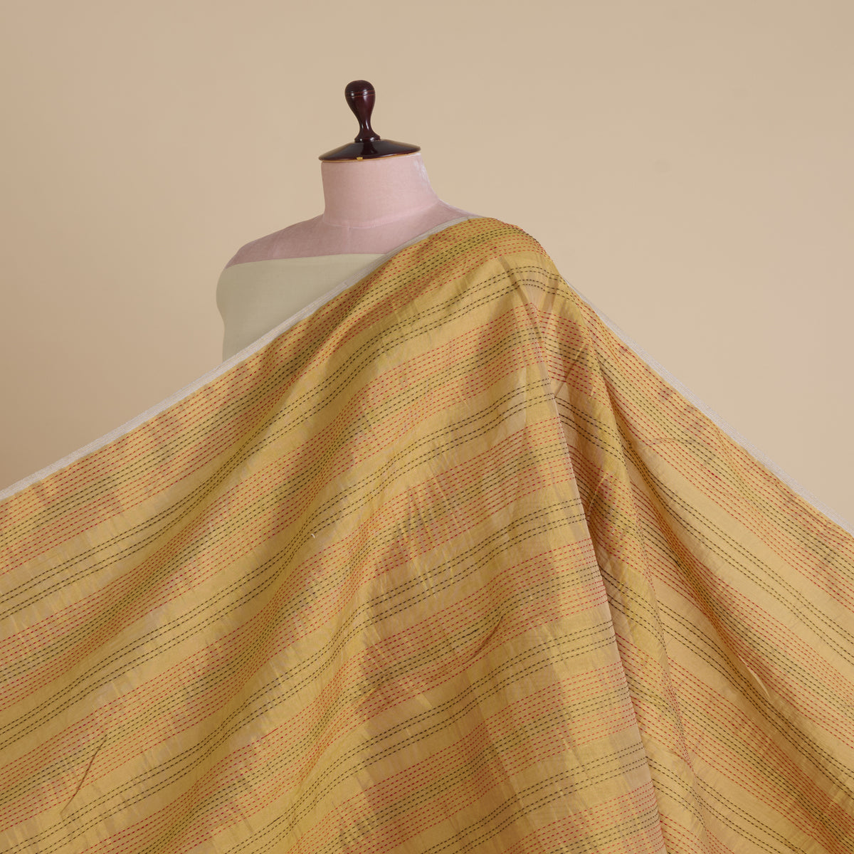 Gold Kanchi Tissue with Katha Stitch Fabric