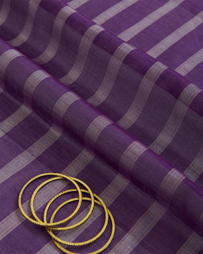 Tissue Kora Silk Handloom Fabric with Silver Stripes Purple