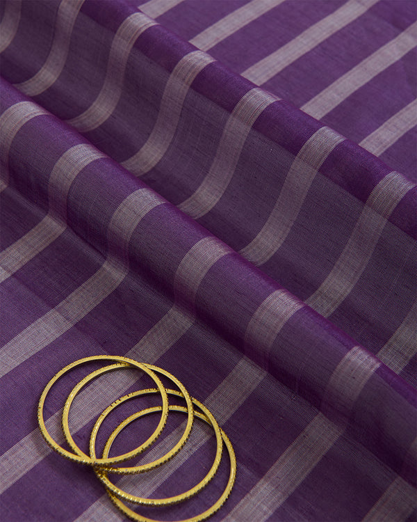 Tissue Kora Silk Handloom Fabric with Silver Stripes Purple