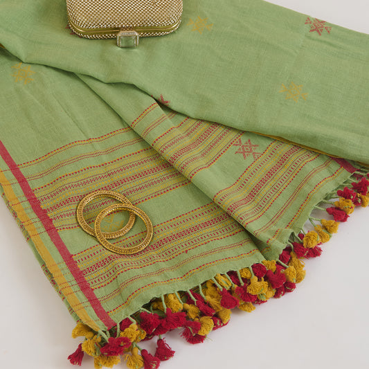 Green Kala Cotton Woven Buti Stripes Pallu Dupatta
