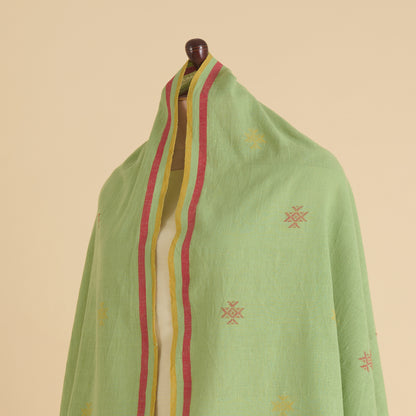 Green Kala Cotton Woven Buti Stripes Pallu Dupatta
