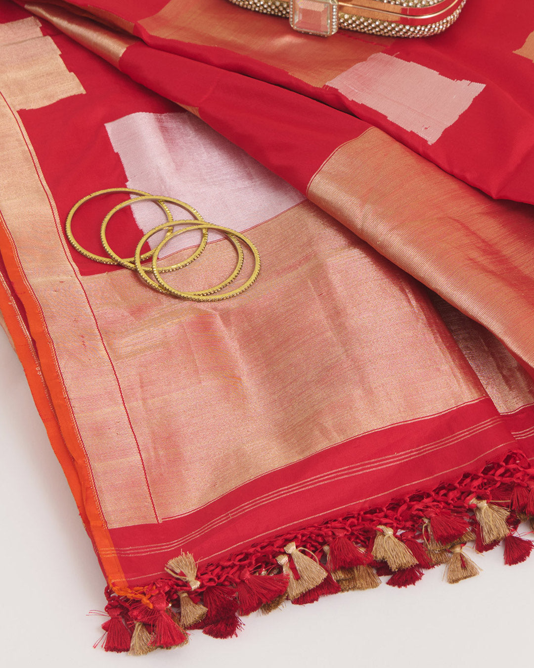 Red Katan Silk Gold & Silver Block Weave Dupatta