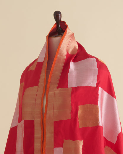 Red Katan Silk Gold & Silver Block Weave Dupatta