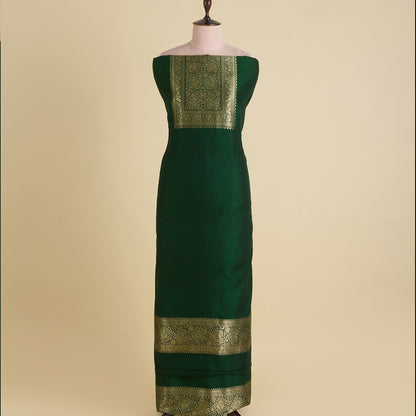 Bottle Green Katan Silk Gold Zari Neck Kurta Pant Fabric