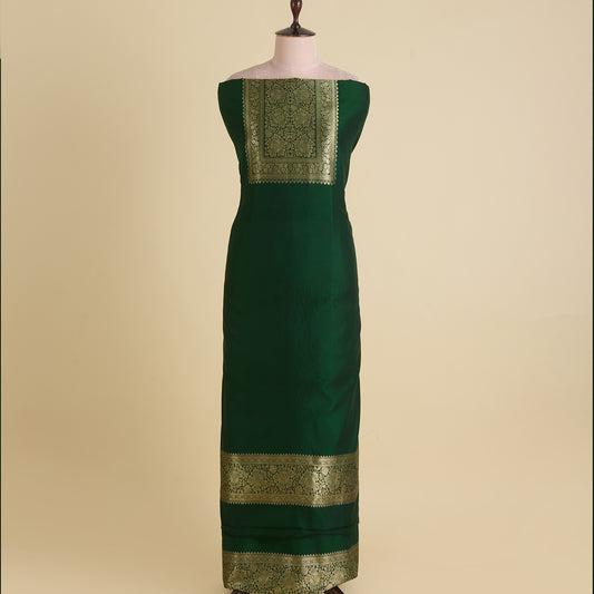 Bottle Green Katan Silk Gold Zari Neck Kurta Pant Fabric