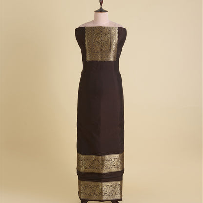 Brown Katan Silk Gold Zari Neck Kurta Pant Fabric