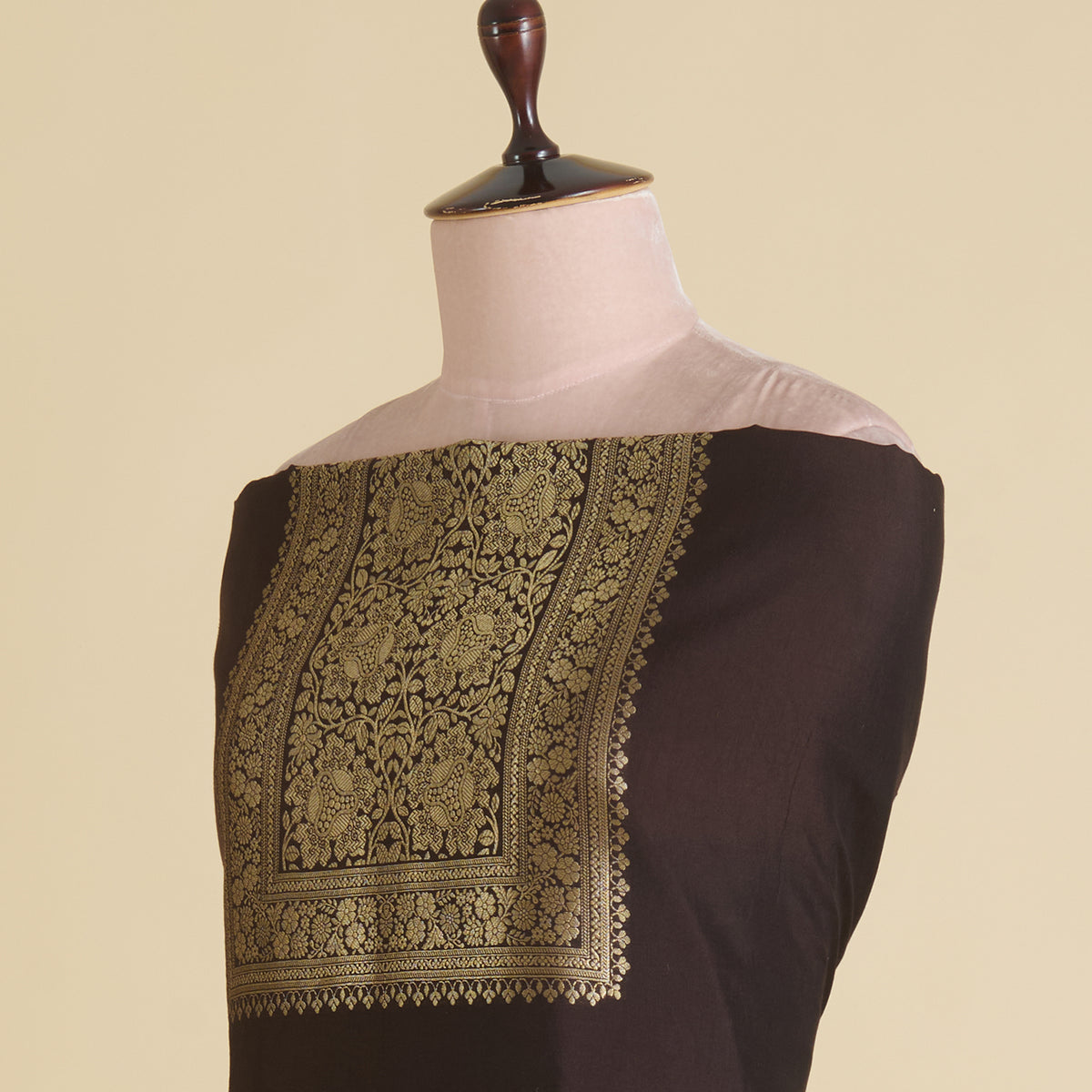 Brown Katan Silk Gold Zari Neck Kurta Pant Fabric