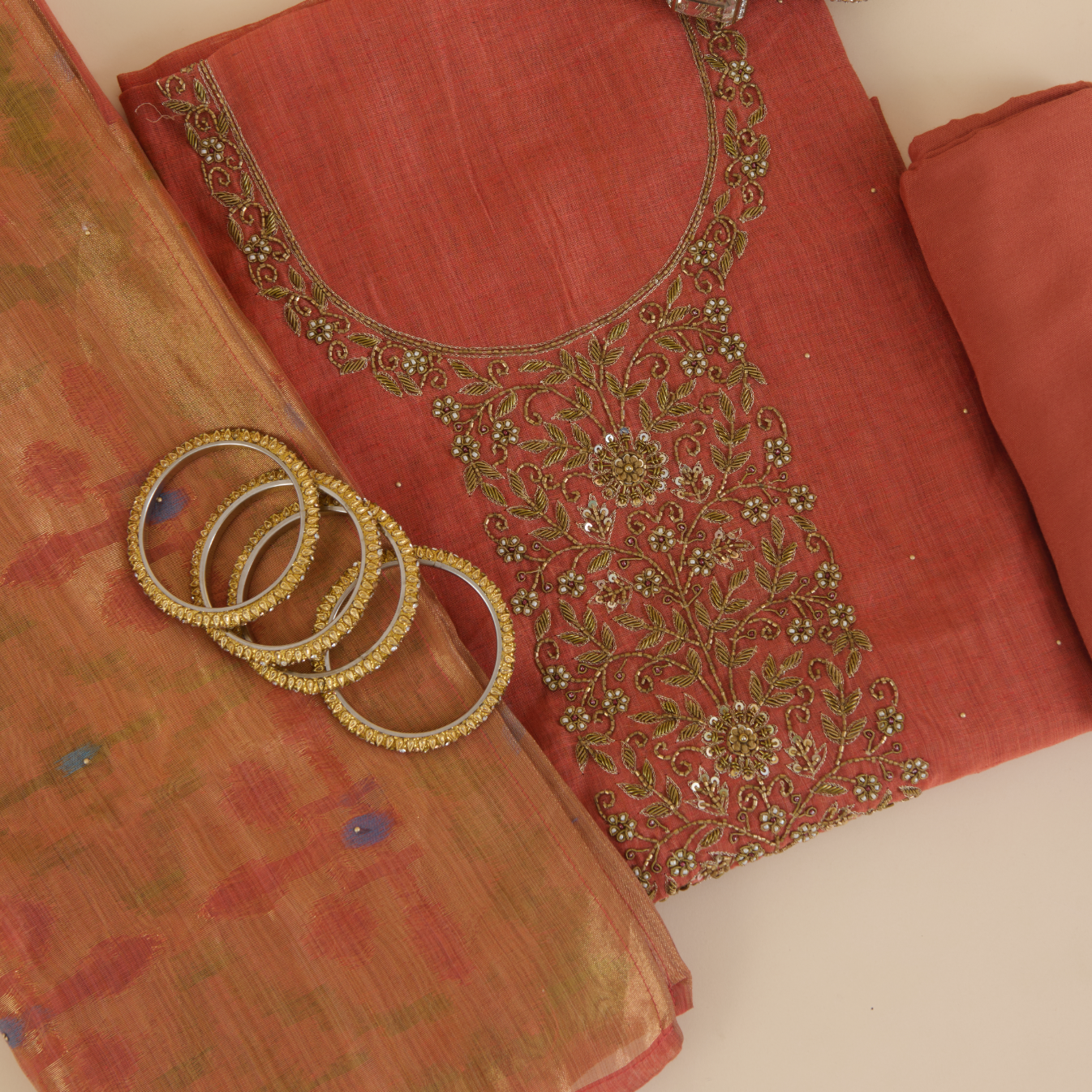 Dusty Peach Kora Chanderi Zardozi Embroidered Suit
