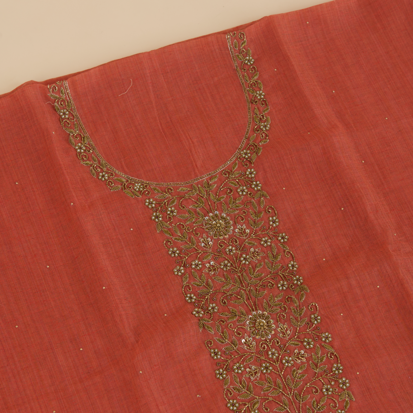 Dusty Peach Kora Chanderi Zardozi Embroidered Suit