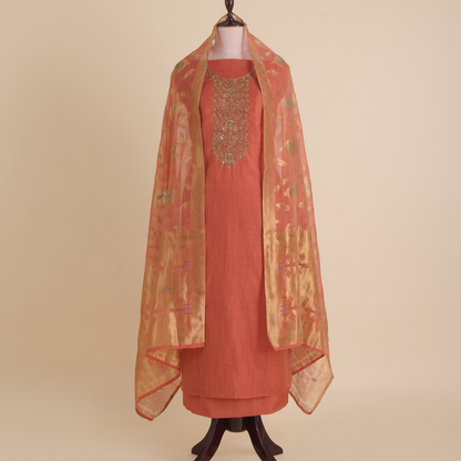 Dusty Peach Kora Chanderi Zardozi Embroidered Suit
