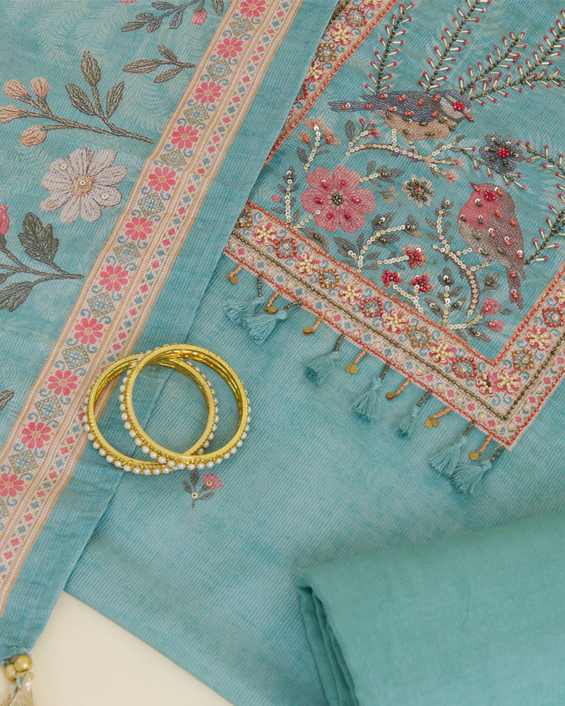 Sea Green Linen Tissue Printed Kurta with Embroidery & Dupatta Set