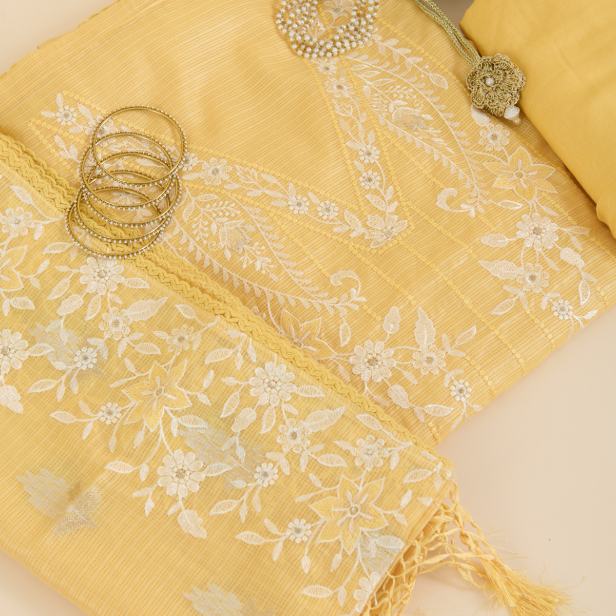 Yellow Kora Resham Zari Embroidered Suit with Kota Dupatta