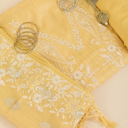 Yellow Kora Resham Zari Embroidered Suit with Kota Dupatta