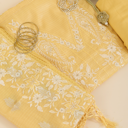 Yellow Kora Resham Zari Embroidered Suit with Kota Dupatta