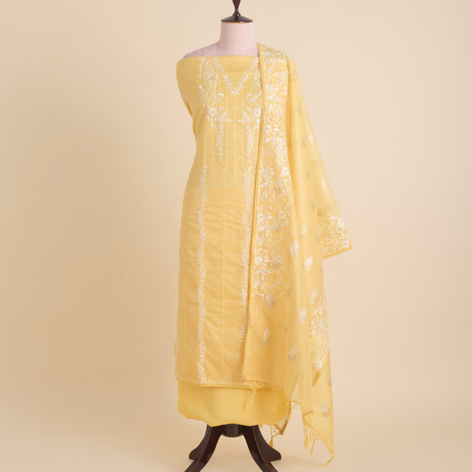 Yellow Kora Resham Zari Embroidered Suit with Kota Dupatta