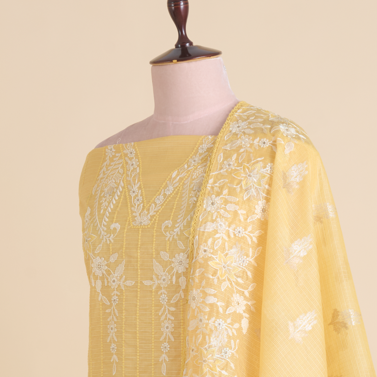 Yellow Kora Resham Zari Embroidered Suit with Kota Dupatta
