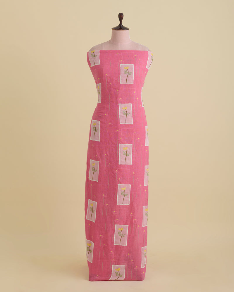 Pink Linen Fabric with Thread Applique Work Buta