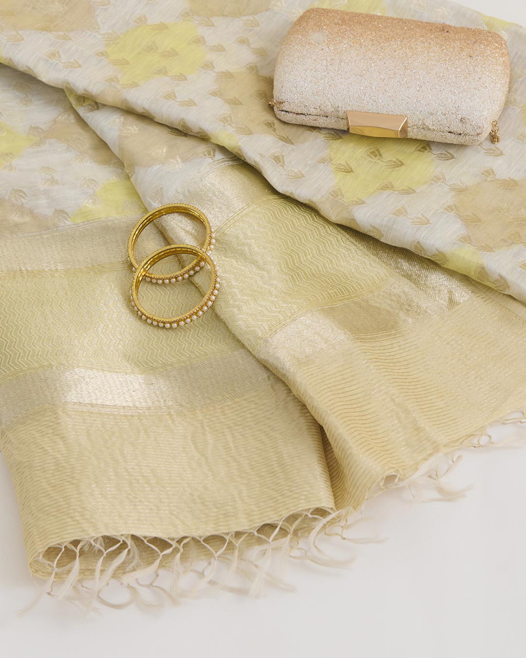 Multi/Yellow Linen Zari Woven Multi Buti Dupatta