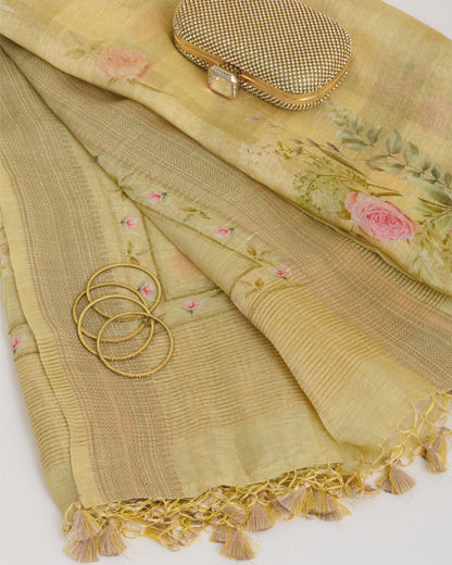 Pista Green Linen Digital Print Dupatta with Woven Buta & Border