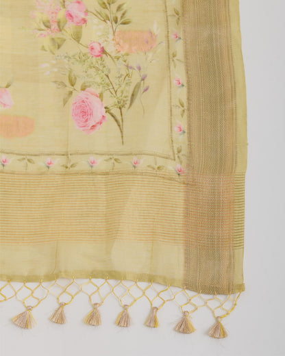 Pista Green Linen Digital Print Dupatta with Woven Buta & Border
