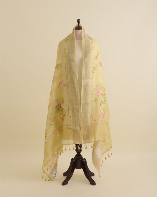 Pista Green Linen Digital Print Dupatta with Woven Buta & Border