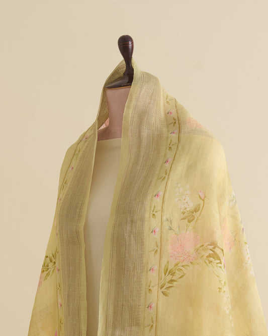 Pista Green Linen Digital Print Dupatta with Woven Buta & Border