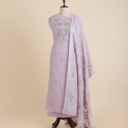 Lilac Linen Resham & Zari Embroidered Kurta Set
