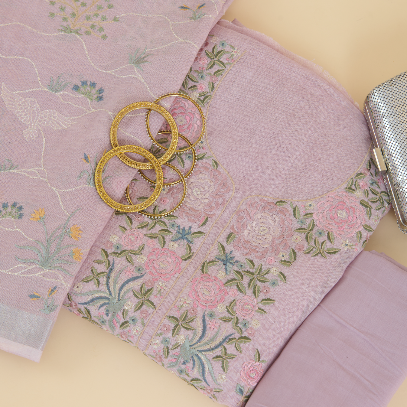 Lilac Linen Resham & Zari Embroidered Kurta Set