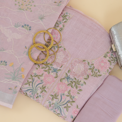 Lilac Linen Resham & Zari Embroidered Kurta Set